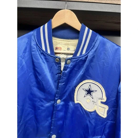 Vintage 1980s Shain Of Canada NFL Dallas Cowboys Blue Satin Bomber Jacket Size L